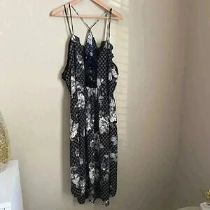 Free People Black Floral‎ Midi Dress Crochet Chest